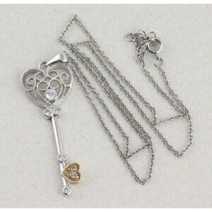 Heart Key Heart Necklace Sterling Silver Cz accents 16 inch chain